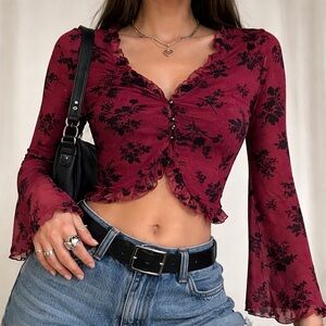 Jolie & Joy Sheer Floral Mesh Crop Top M Bell Sleeve